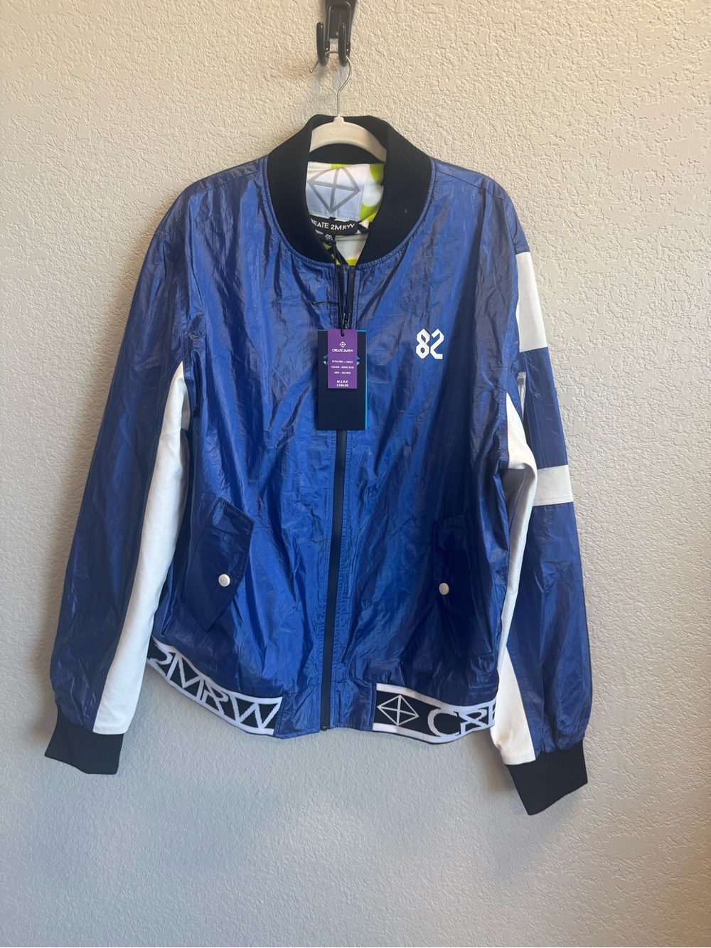 Nylon Blue & White Varsity Bomber Jacket by Create 2MRW